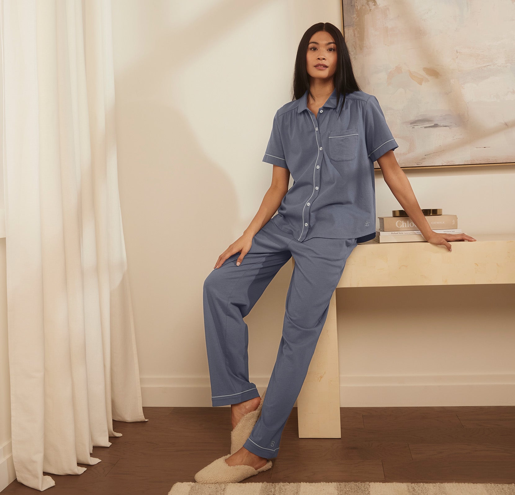 Soft Knit Short Sleeve & Pants Pajama Set in Mineral