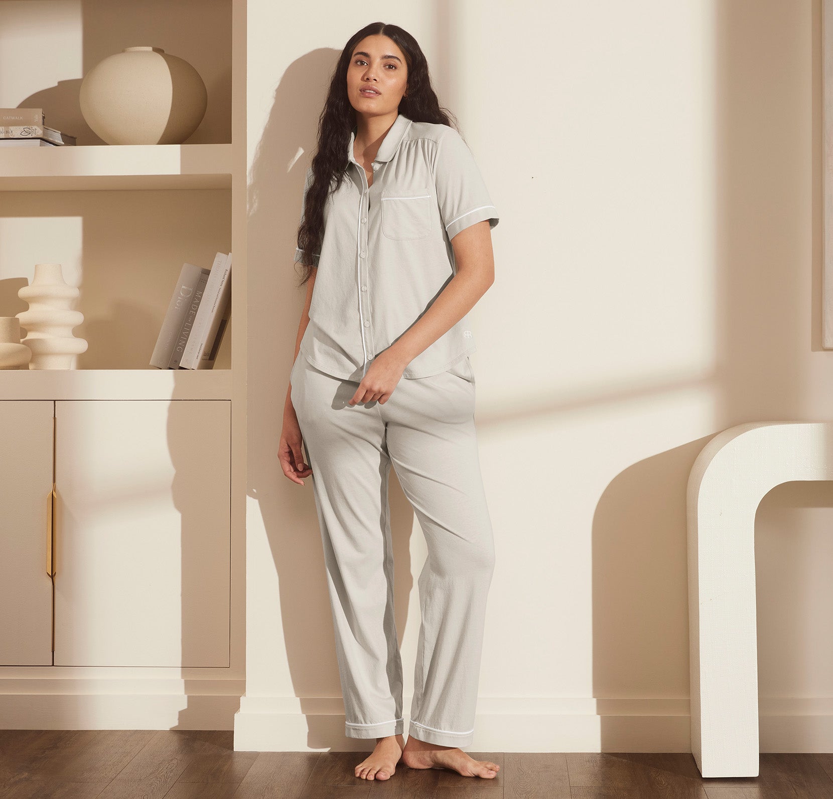 Soft Knit Short Sleeve & Pants Pajama Set in Mist